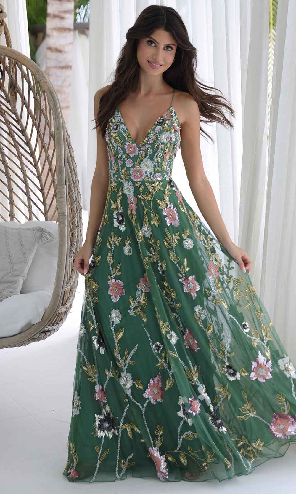 Primavera Couture 4378 - V-Neck Floral Sequin Prom Gown - detail view