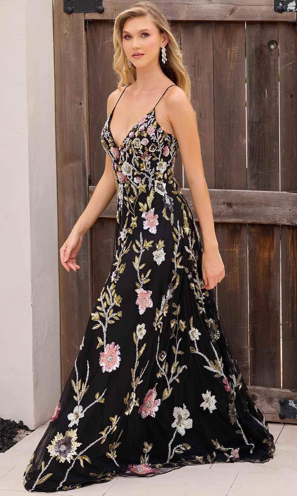 Primavera Couture 4378 - V-Neck Floral Sequin Prom Gown - back view