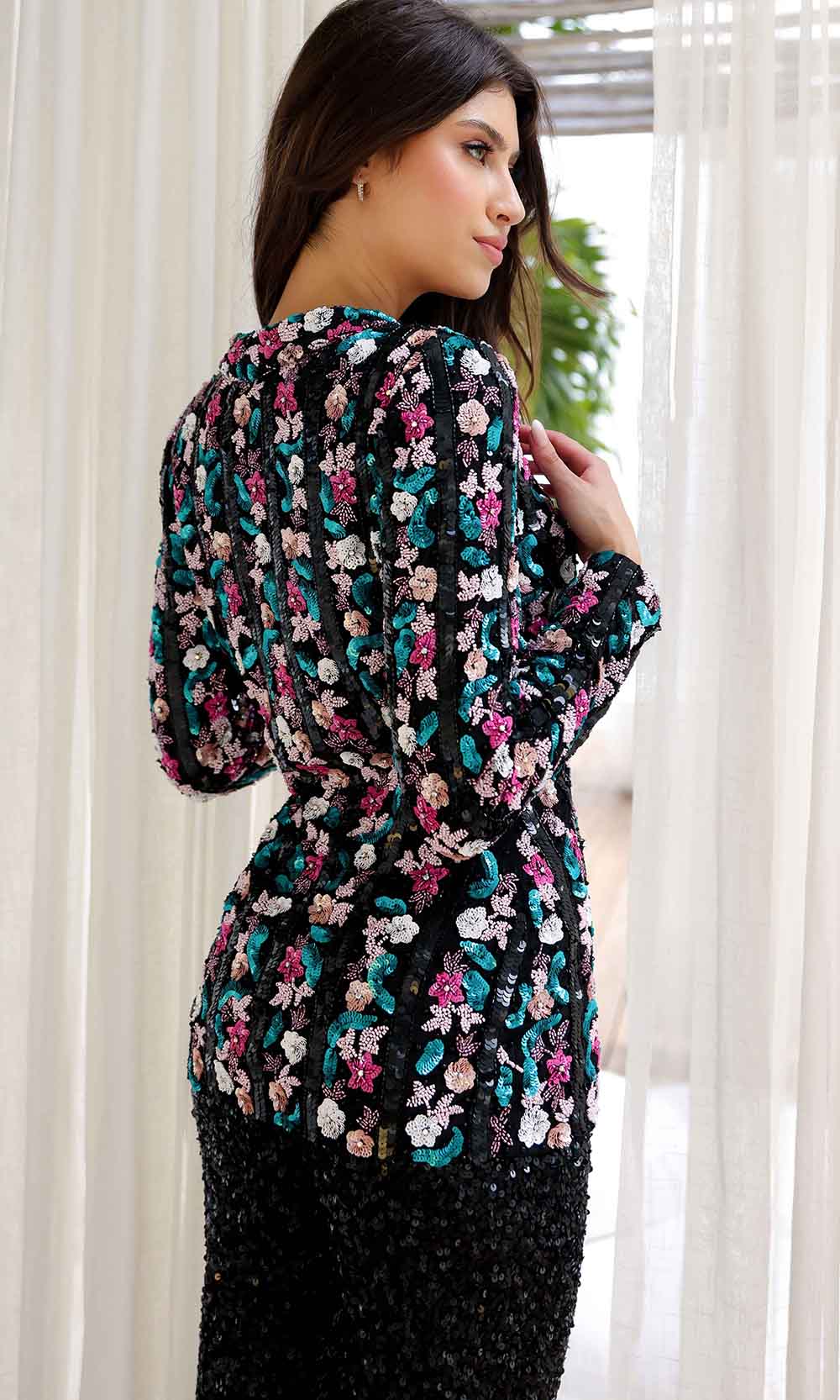Primavera Couture 4388 - Floral Sequin Blazer Pantsuit - detail view