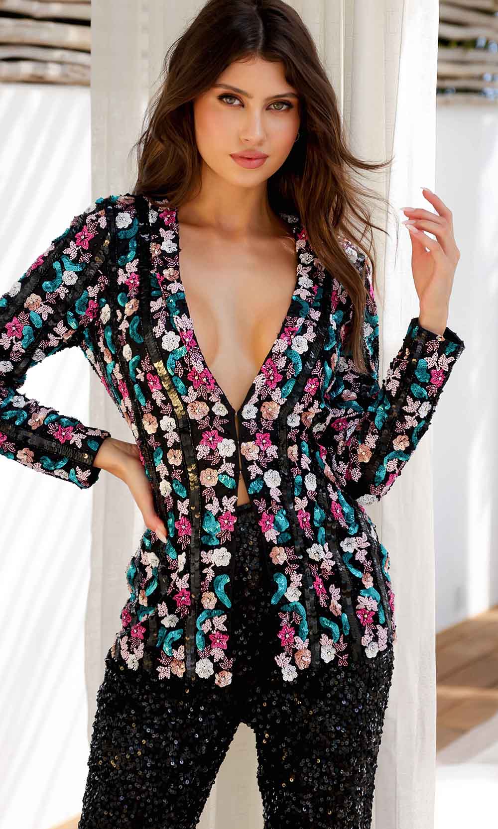 Primavera Couture 4388 - Floral Sequin Blazer Pantsuit - view 4