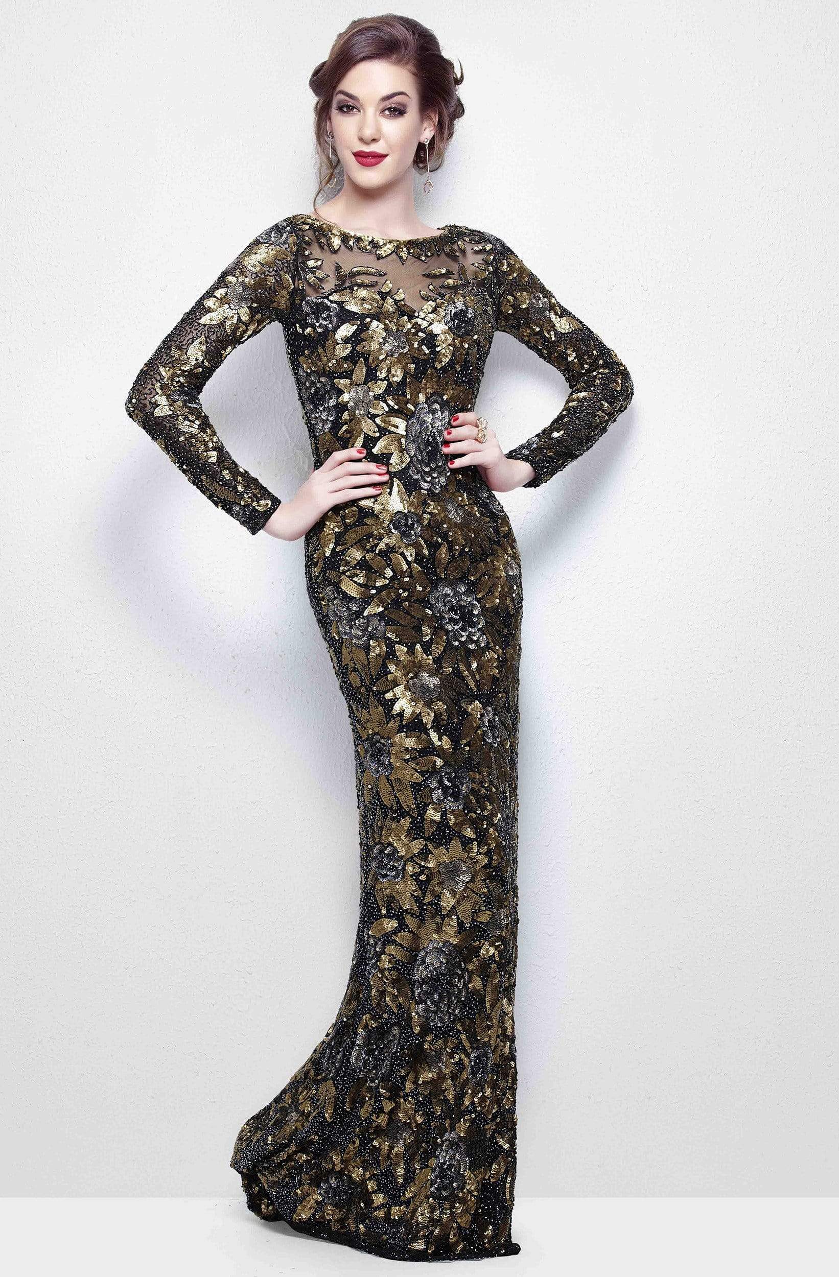 Primavera Couture - Long Sleeve Luxurious Floral Sequined Long Sheath Gown  1401 - view 15