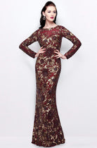 Primavera Couture - Long Sleeve Luxurious Floral Sequined Long Sheath Gown  1401 - view 9
