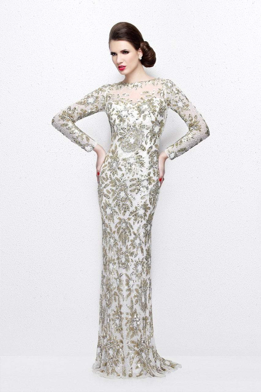 Primavera Couture - Long Sleeve Luxurious Floral Sequined Long Sheath Gown  1401 - designer mother of the bride dress at Silh