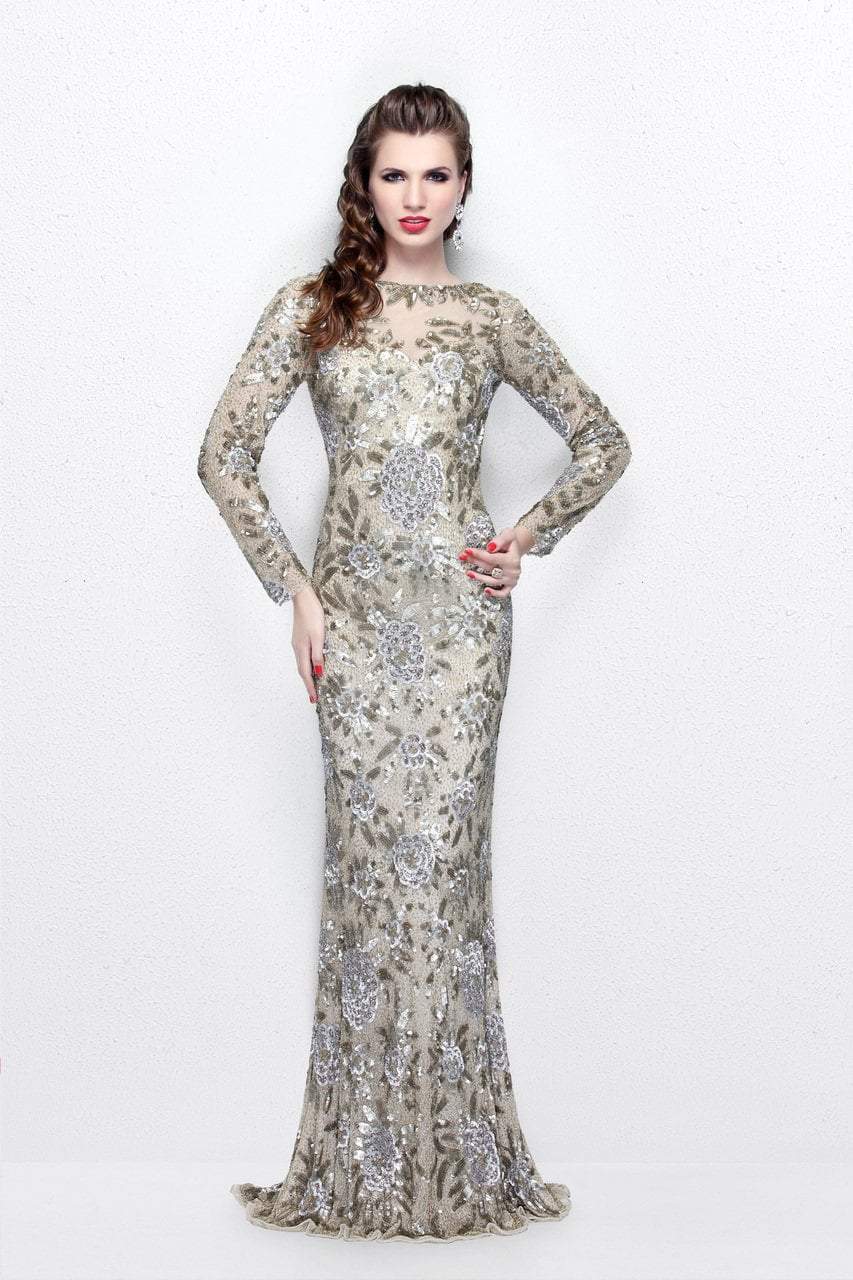 Primavera Couture - Long Sleeve Luxurious Floral Sequined Long Sheath Gown  1401 - view 13