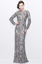 Primavera Couture - Long Sleeve Luxurious Floral Sequined Long Sheath Gown  1401 - detail view