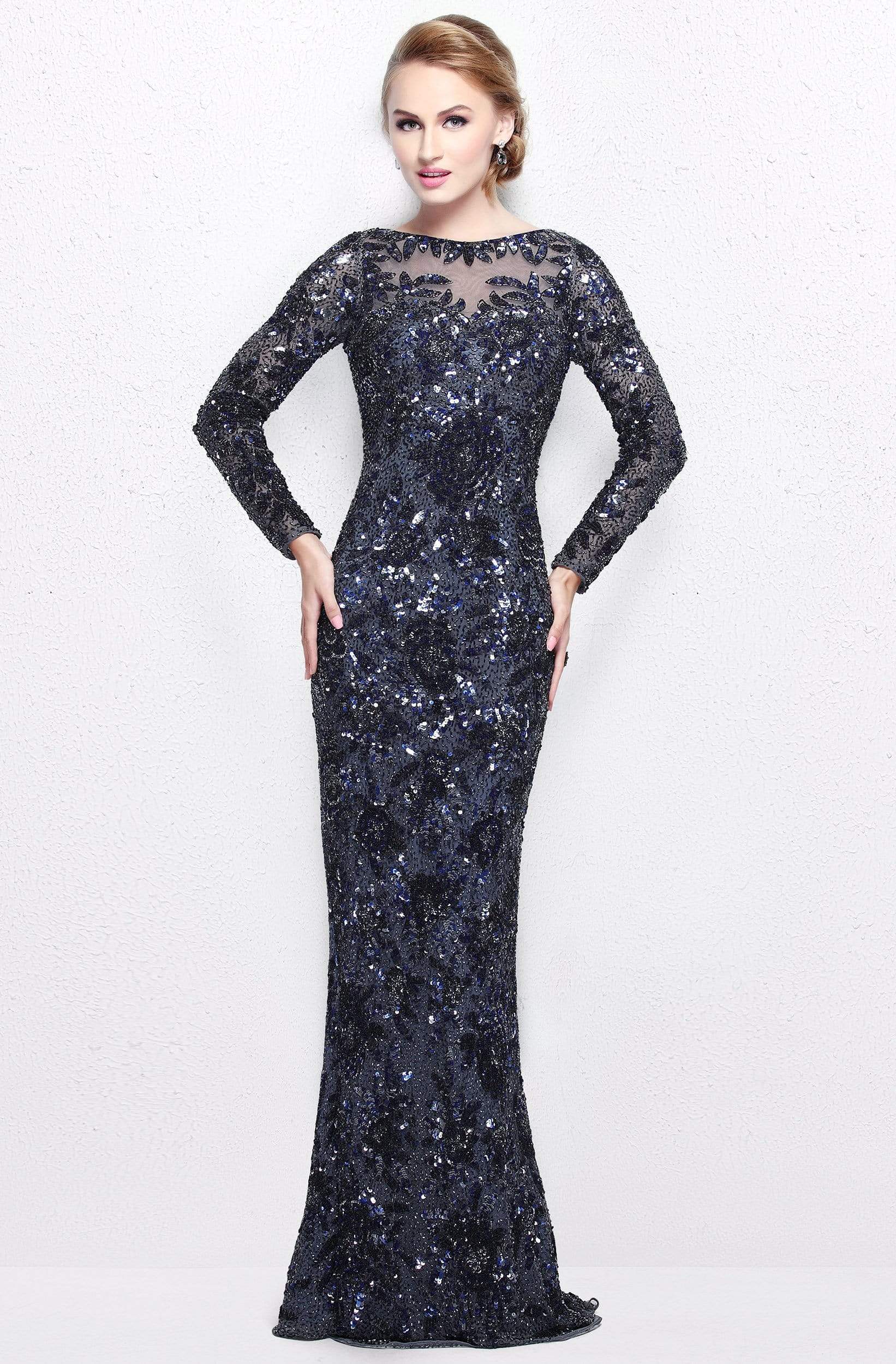 Primavera Couture - Long Sleeve Luxurious Floral Sequined Long Sheath Gown  1401 - view 7