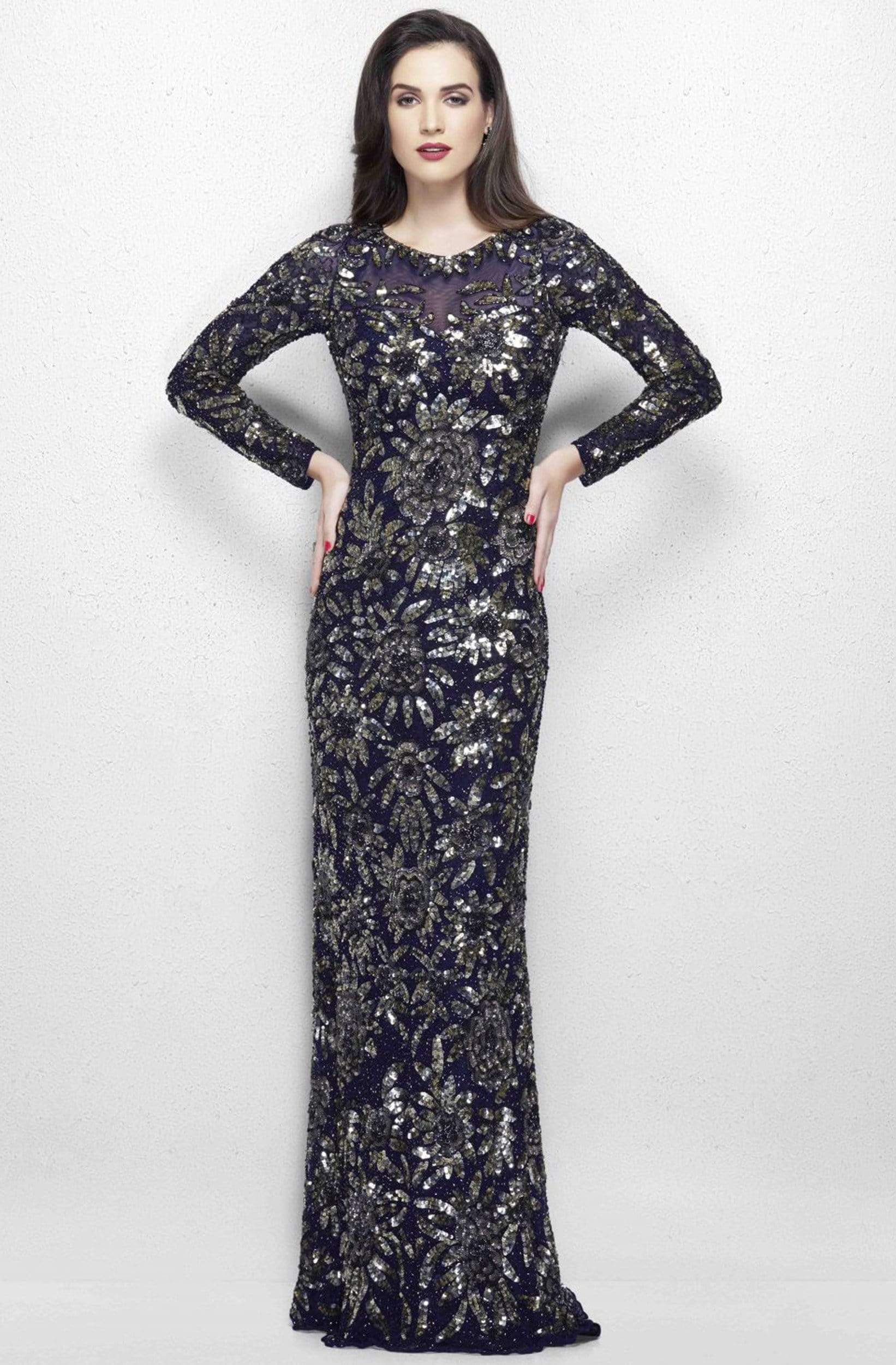 Primavera Couture - Long Sleeve Luxurious Floral Sequined Long Sheath Gown  1401 - view 5
