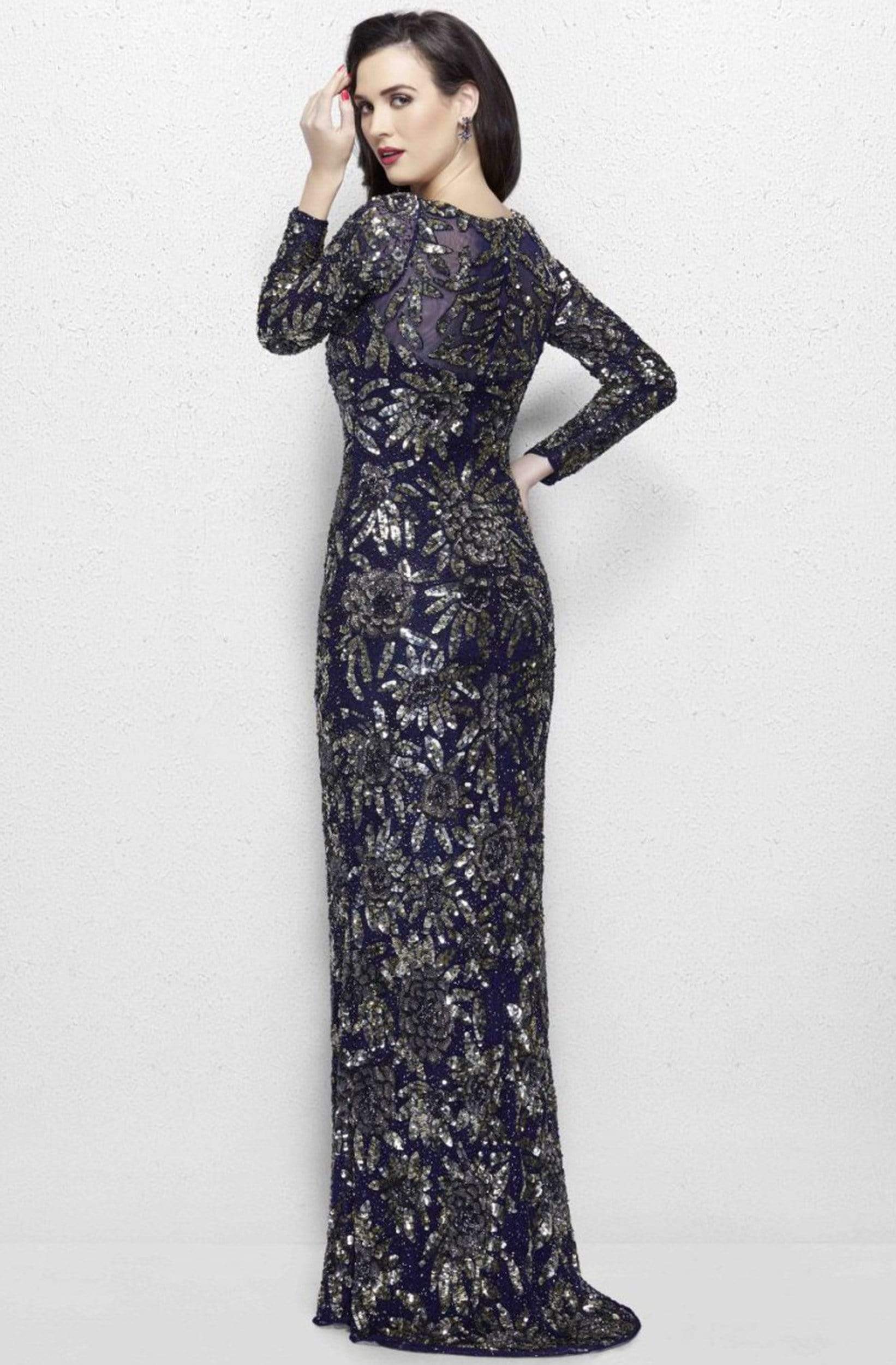 Primavera Couture - Long Sleeve Luxurious Floral Sequined Long Sheath Gown  1401 - view 6
