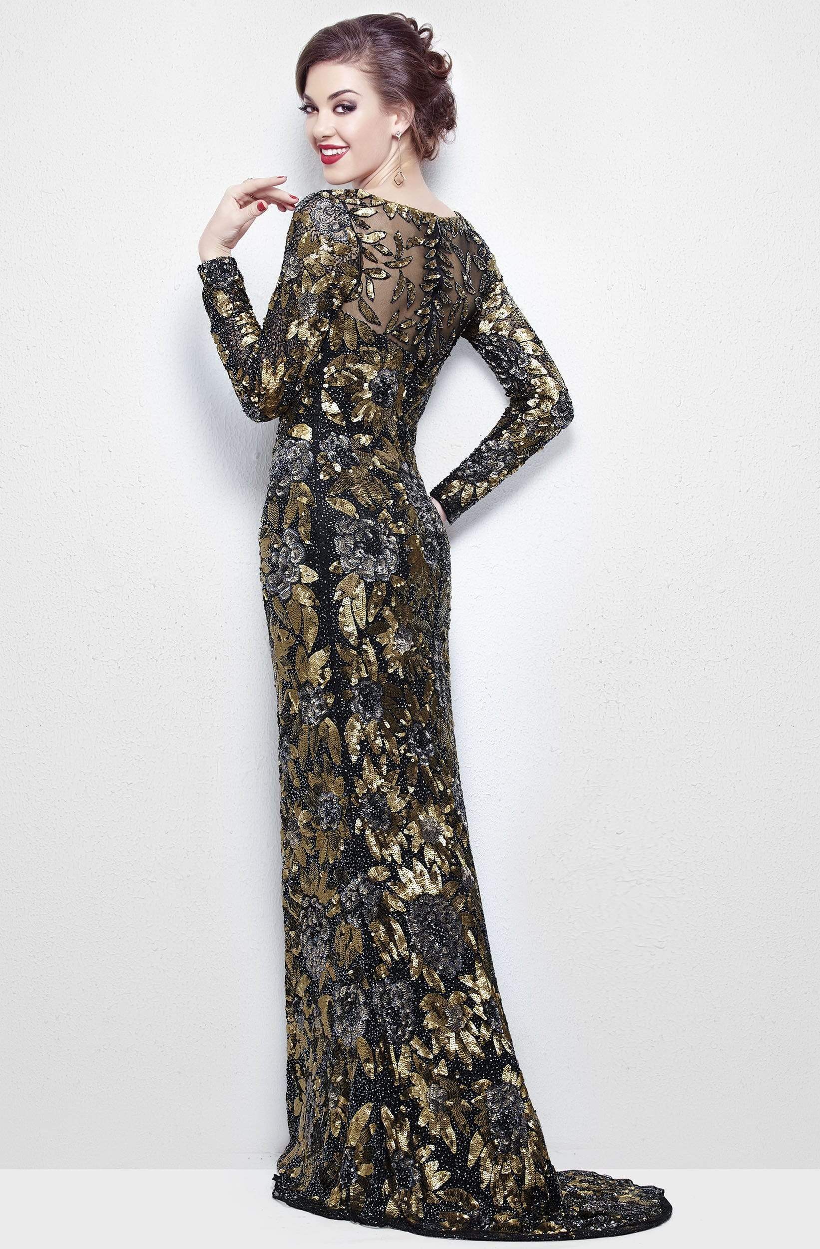 Primavera Couture - Long Sleeve Luxurious Floral Sequined Long Sheath Gown  1401 - back view
