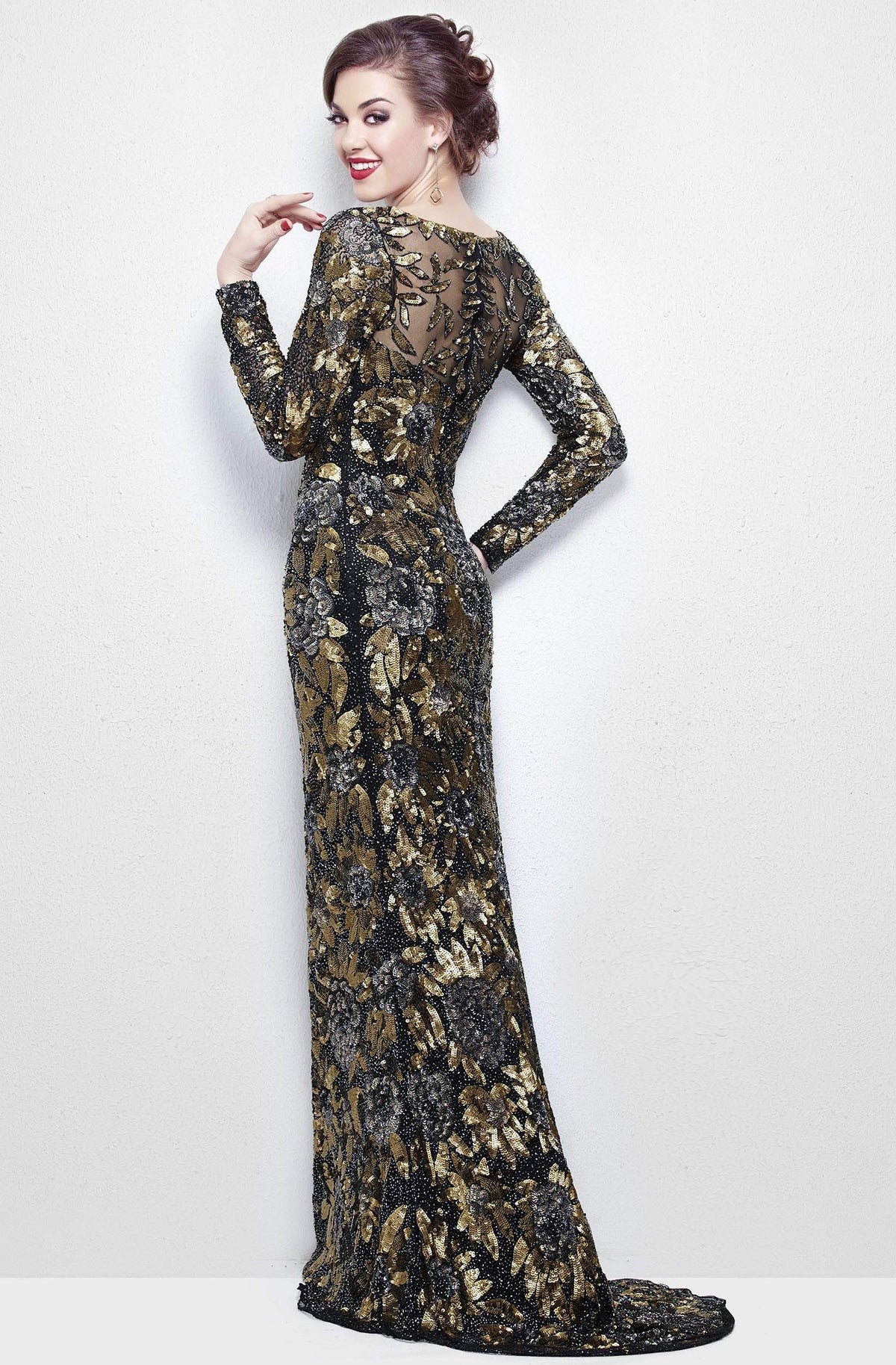 Primavera Couture - Long Sleeve Luxurious Floral Sequined Long Sheath Gown  1401 - back view