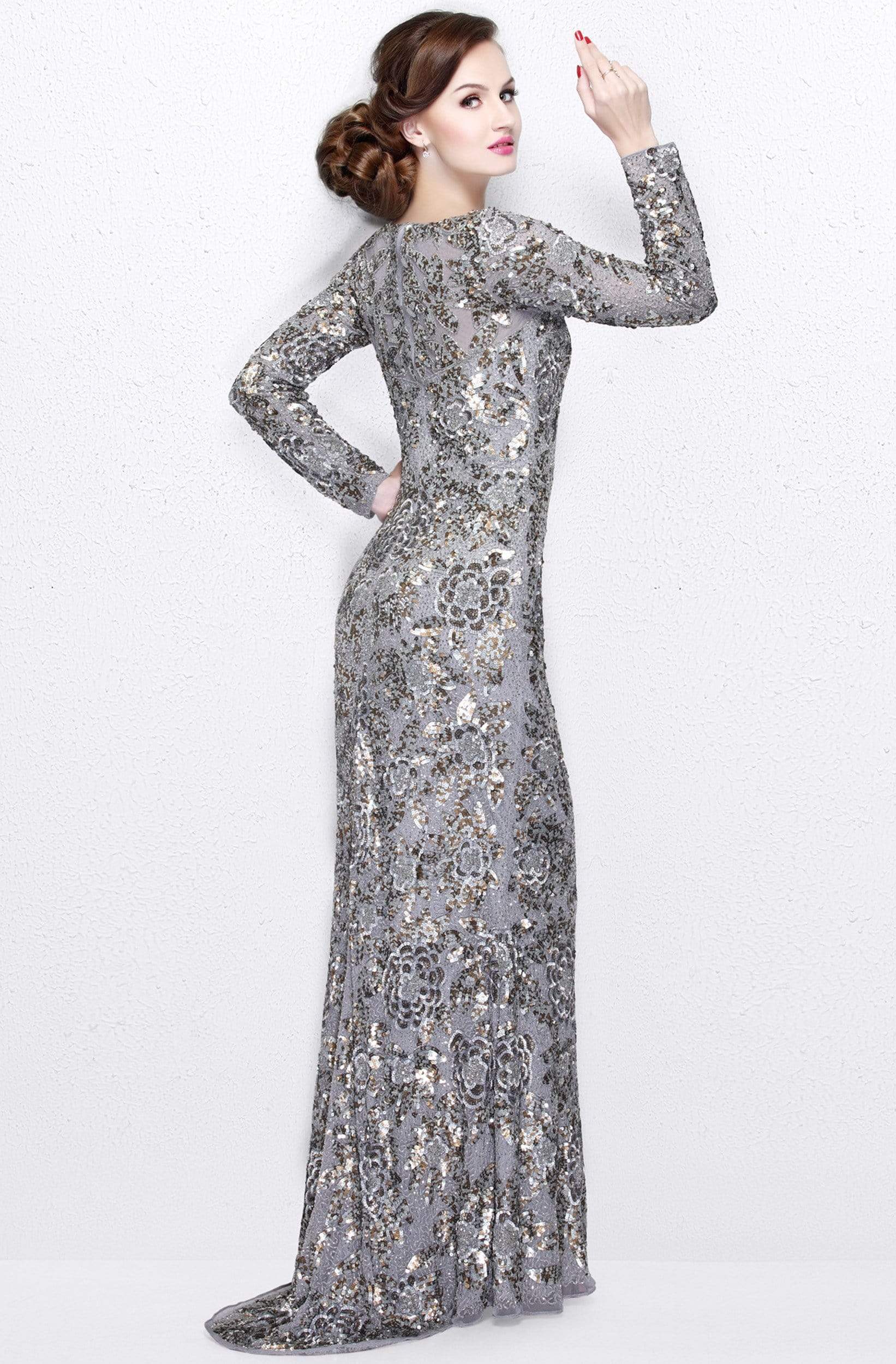Primavera Couture - Long Sleeve Luxurious Floral Sequined Long Sheath Gown  1401 - view 4