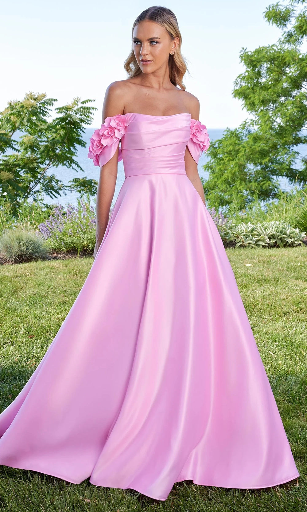 Mori Lee 49322 - Detachable Floral Sleeve Satin A-Line Gown - designer prom dress at Silhouette Dresses