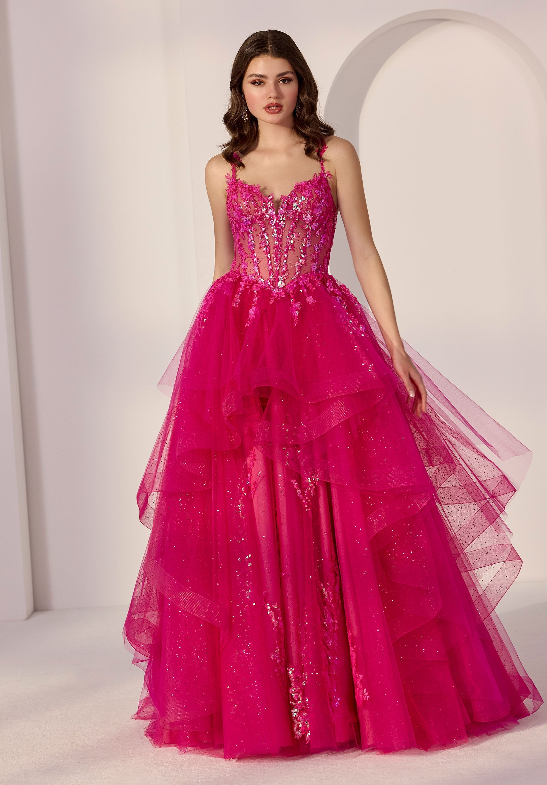 Mori Lee 49278 - Illusion Corset V-Neckline Layered Gown - designer prom dress at Silhouette Dresses