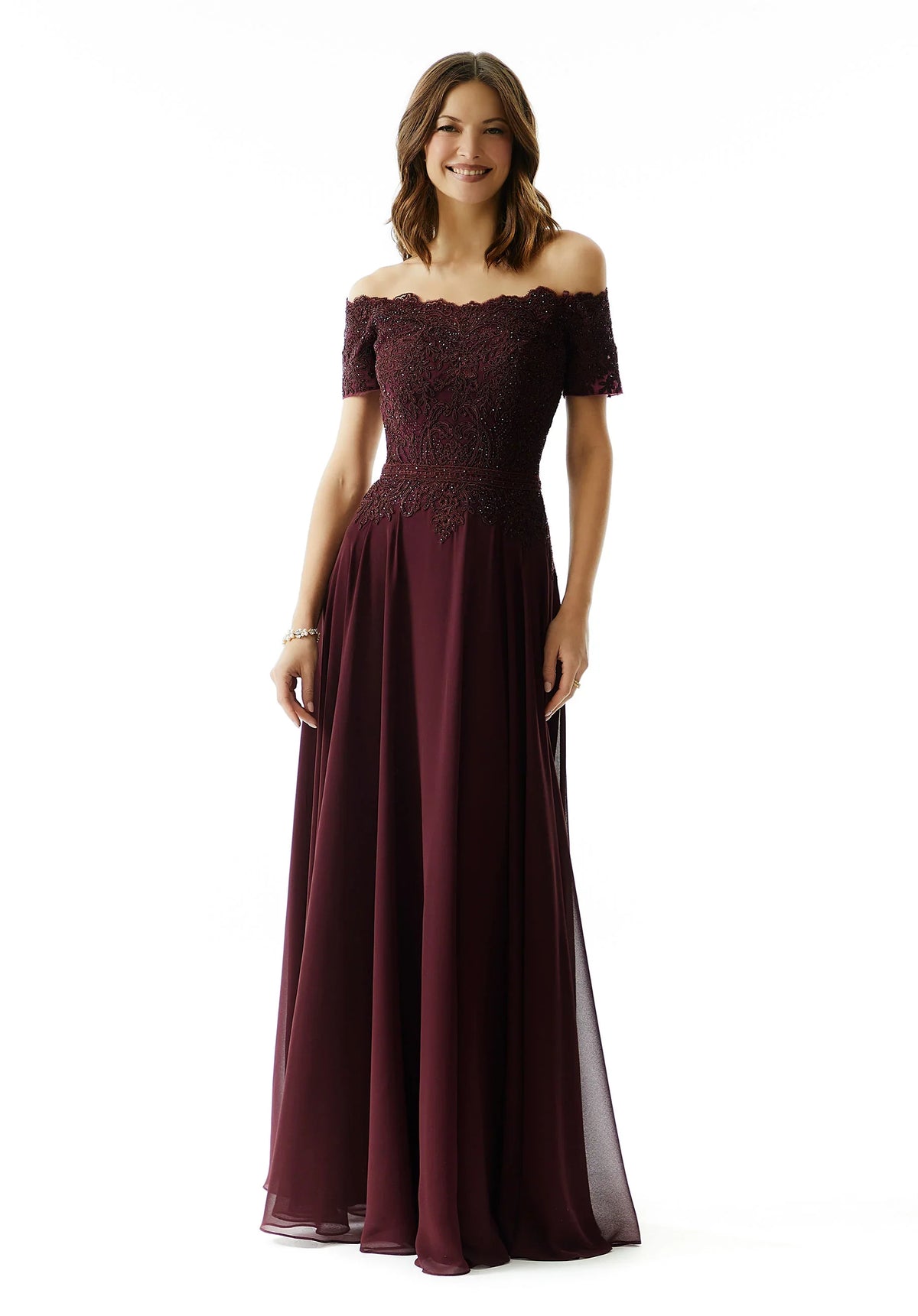 MGNY By Mori Lee - 72133 Off Shoulder Lace Appliqued Chiffon Dress