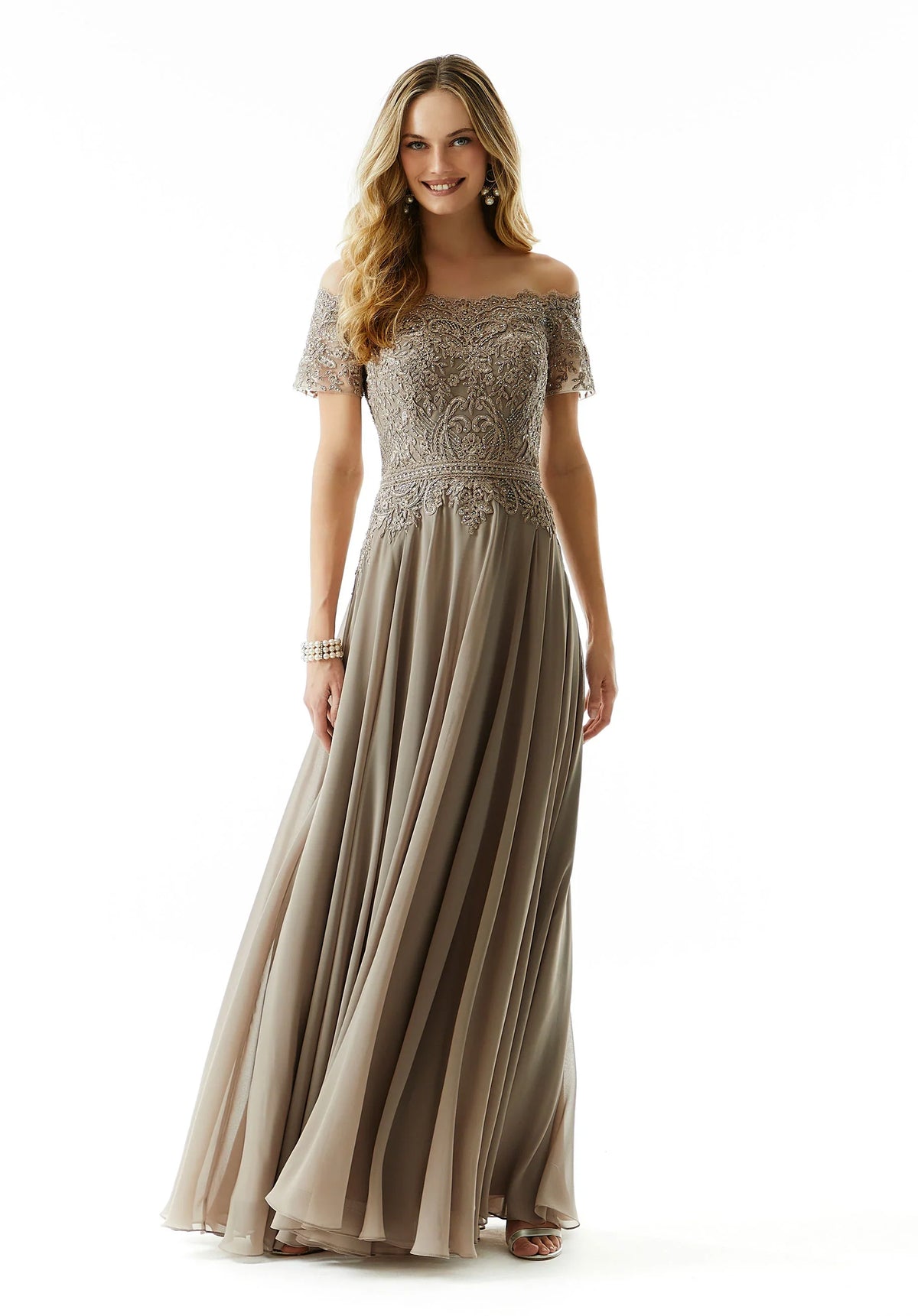 MGNY By Mori Lee - 72133 Off Shoulder Lace Appliqued Chiffon Dress