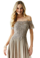 MGNY By Mori Lee - 72133 Off Shoulder Lace Appliqued Chiffon Dress