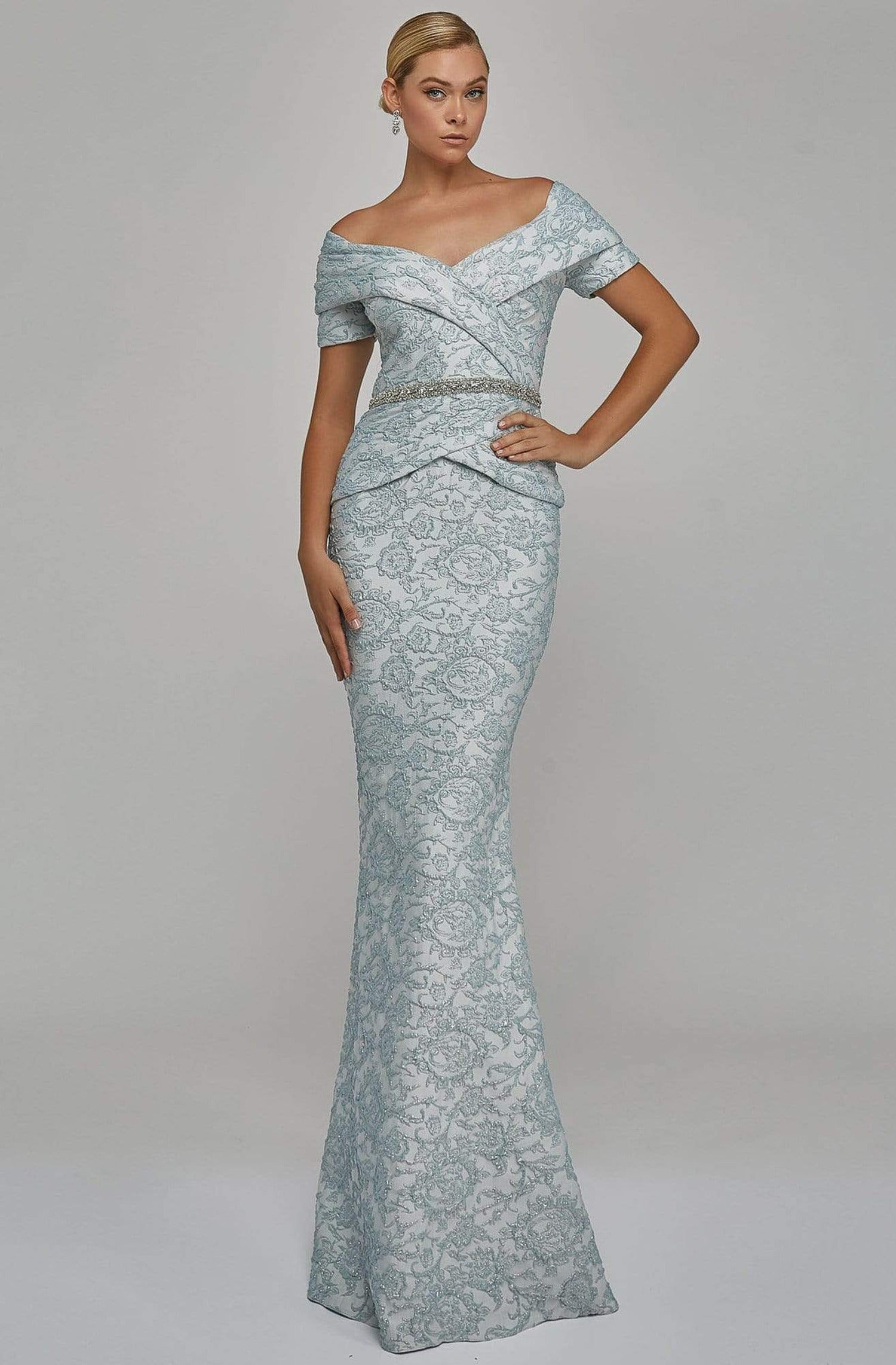 Terani Couture - 1921M0727 Off-Shoulder V-Neck Mother of the Groom Sheath Gown
