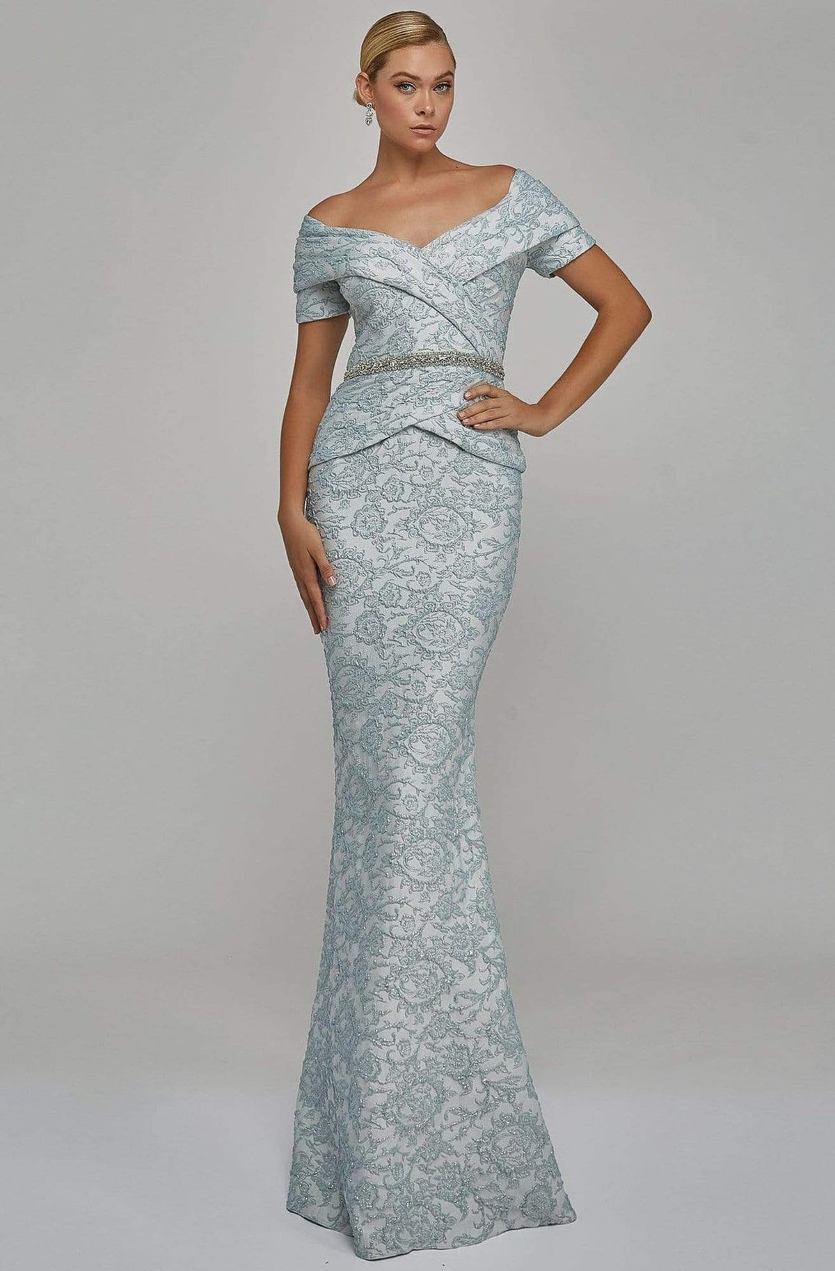 Terani Couture - 1921M0727 Off-Shoulder V-Neck Mother of the Groom Sheath Gown