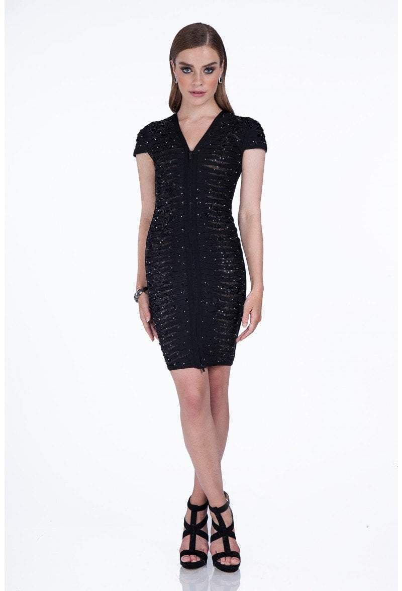 Terani Couture - 1611C0011A Bedazzled V-Neck Sheath Dress - designer homecoming dress at Silhouette Dresses