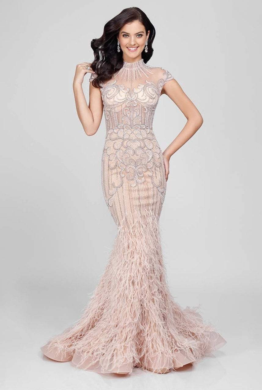 Terani Couture - 1721GL4446 Feathered High Neck Mermaid Dress - designer prom dress at Silhouette Dresses