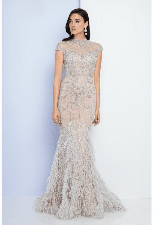 Terani Couture - 1721GL4446 Feathered High Neck Mermaid Dress - detail view