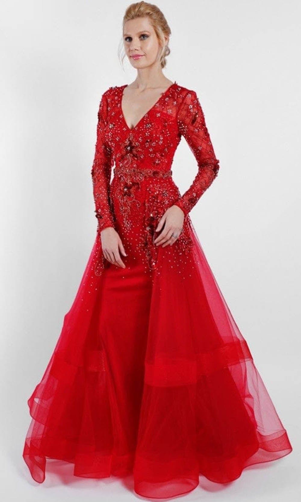 Terani Couture - 1722M4354 V-Neck Beaded Overskirt Gown - view 4