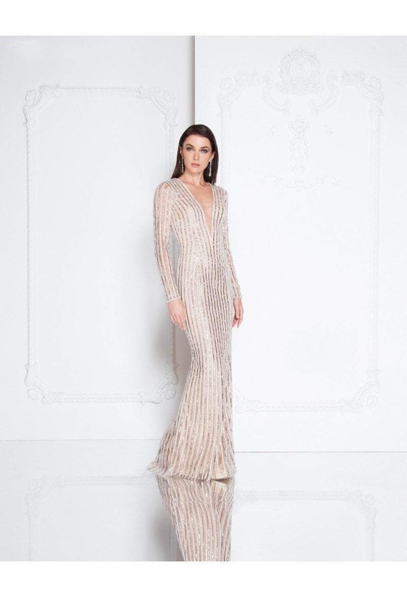 Terani Couture - 1811GL6436 Embellished Deep V-neck Sheath Dress