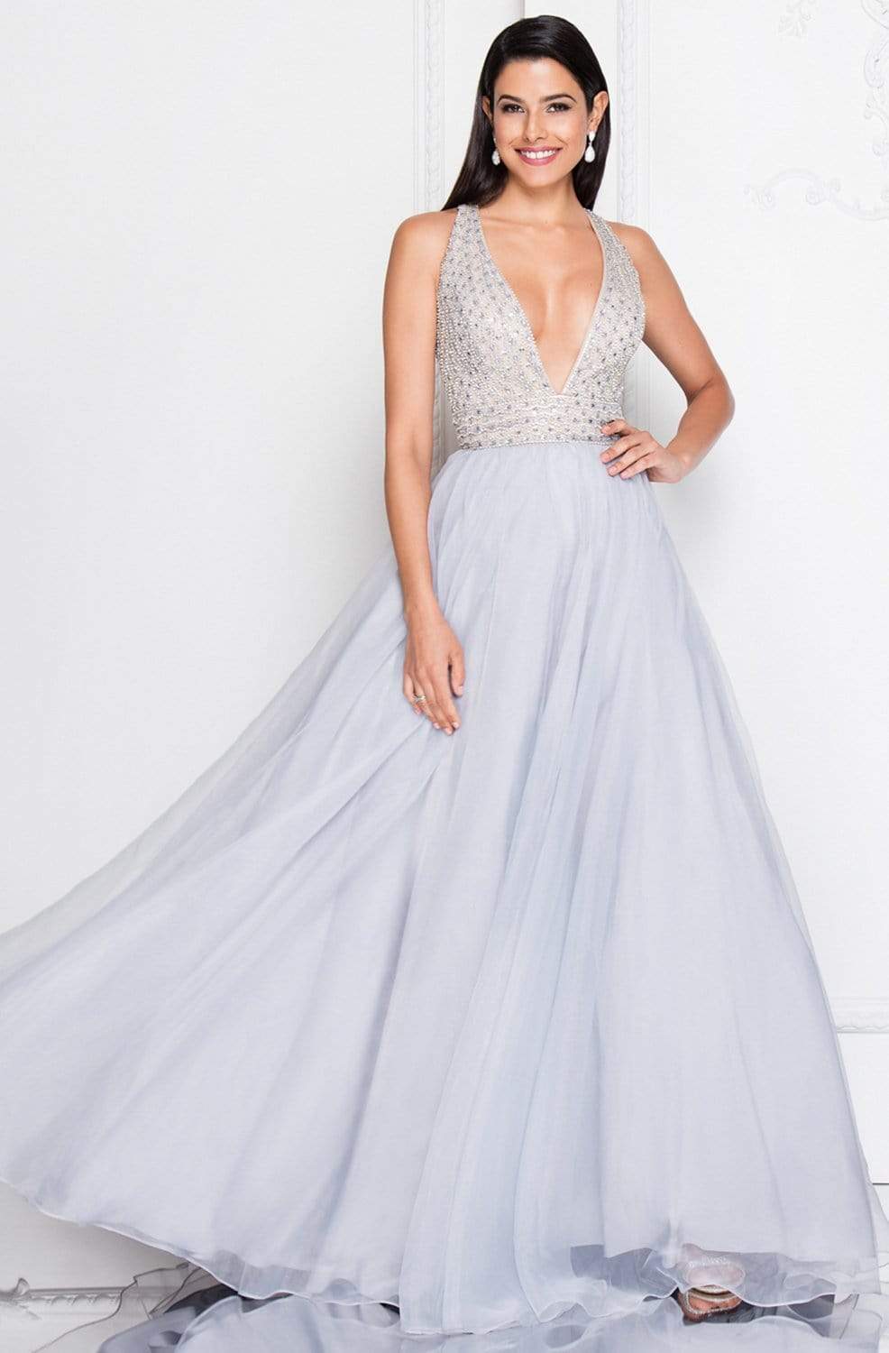 Terani Couture - 1811P5814 Embellished Deep V-neck Ballgown - designer prom dress at Silhouette Dresses