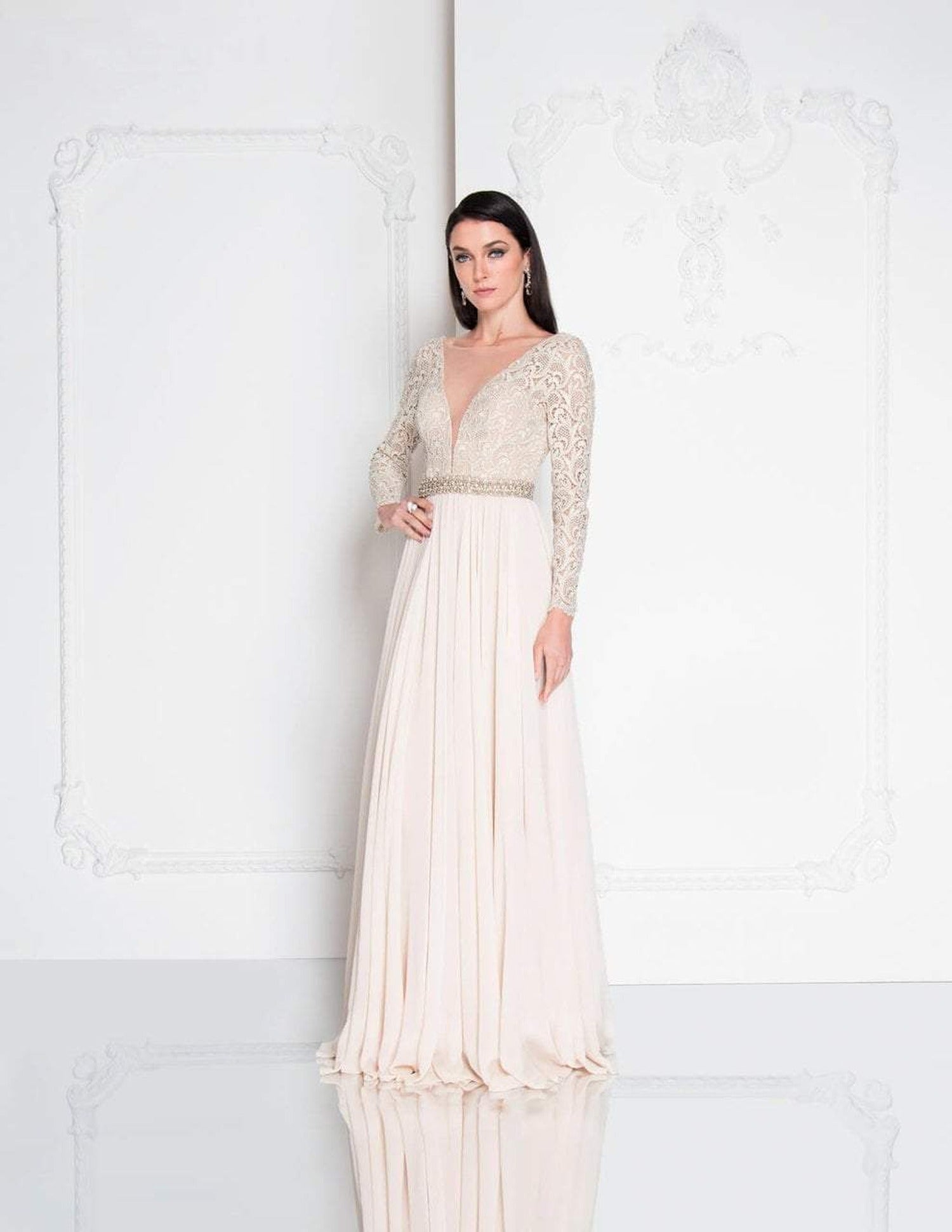 Terani Couture - 1812M6650 Lace Long Sleeved A-line Gown