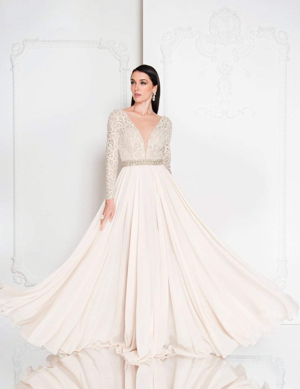 Terani Couture - 1812M6650 Lace Long Sleeved A-line Gown - designer evening gown at Silhouette Dresses