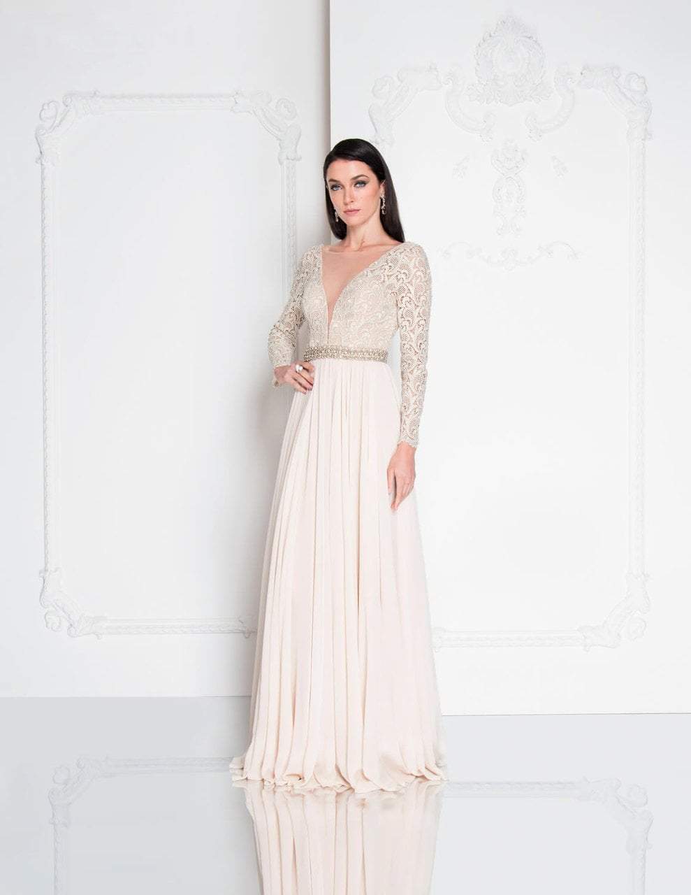 Terani Couture - 1812M6650 Lace Long Sleeved A-line Gown - view 4