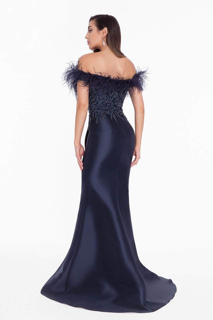 Terani Couture - 1821E7142 Feather Accent Off Shoulder Mermaid Dress - back view