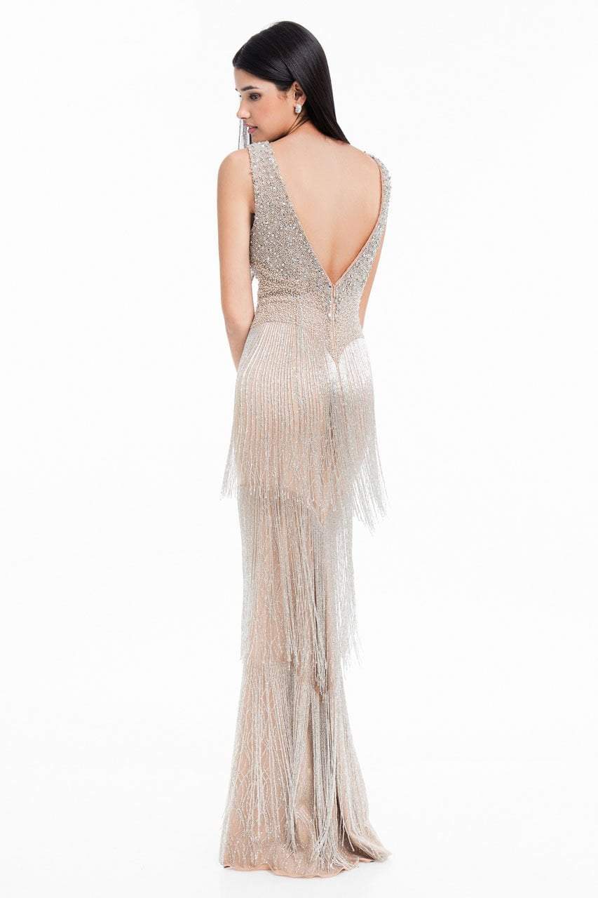 Terani Couture - 1821GL7401 Beaded Fringe Deep V-neck Sheath Dress - back view