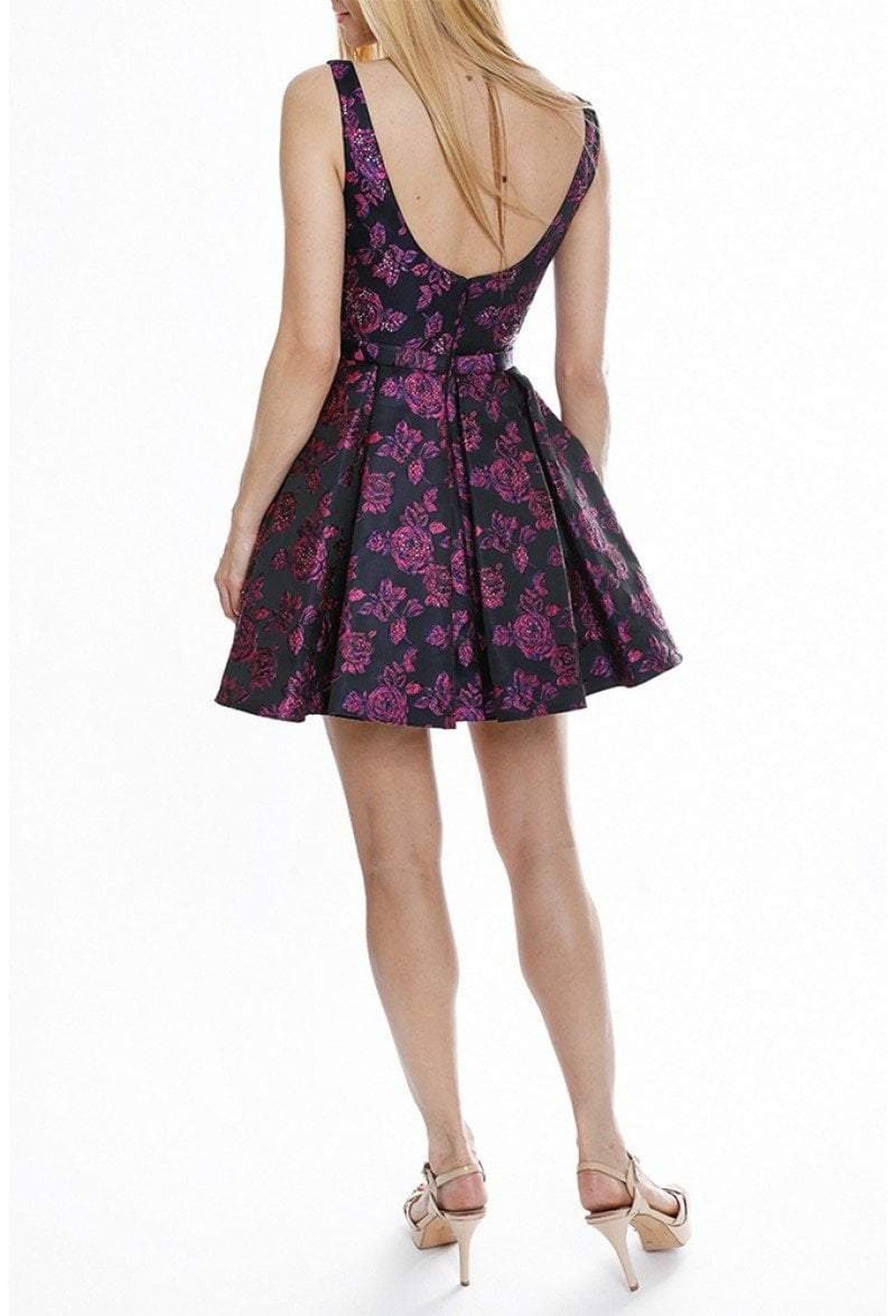 Terani Couture - 1822H7838 Floral Patterned Deep V-neck A-line Dress