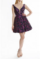 Terani Couture - 1822H7838 Floral Patterned Deep V-neck A-line Dress - designer cocktail dress at Silhouette Dresses