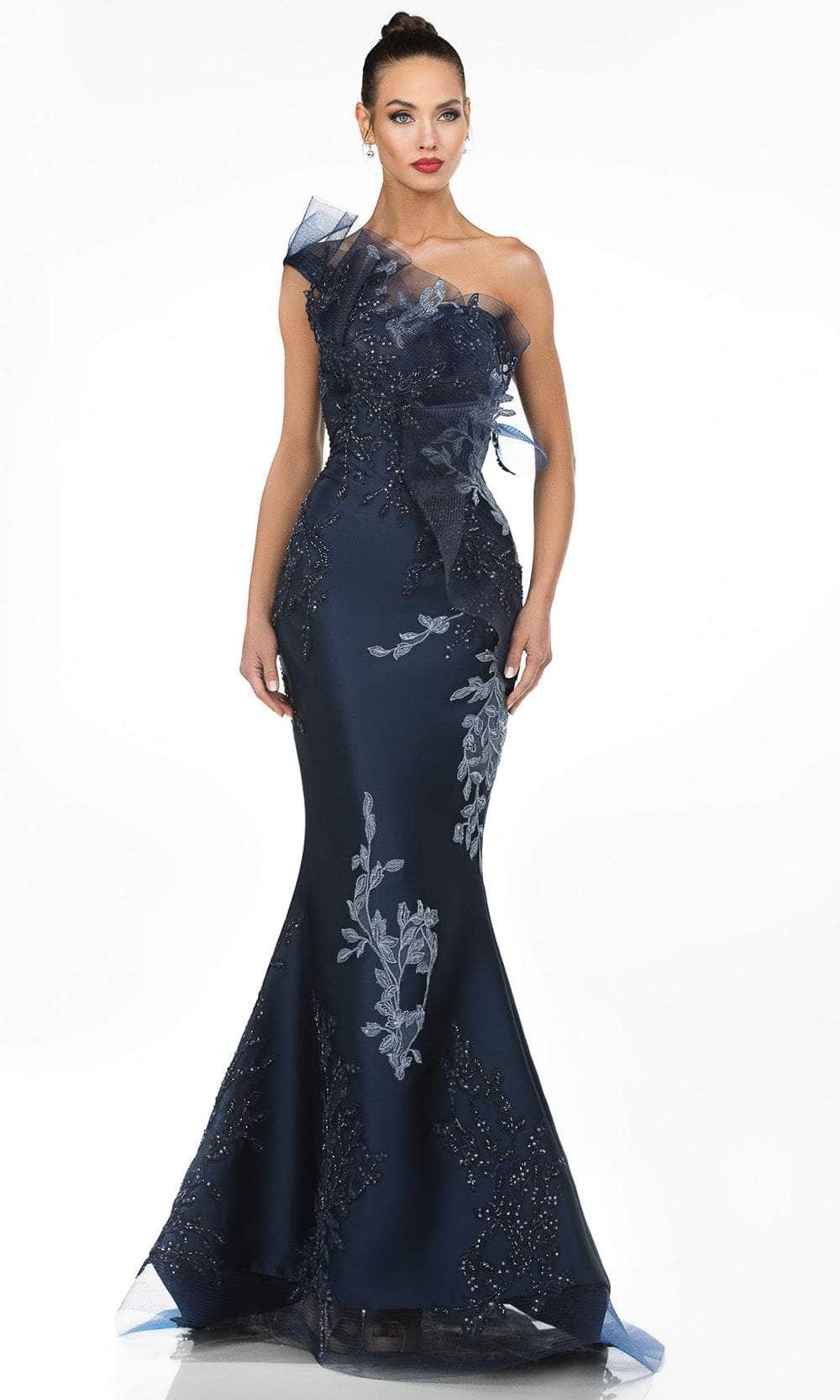 Terani Couture - 1911E9095 Embroidered Asymmetric Neck Mermaid Gown - back view