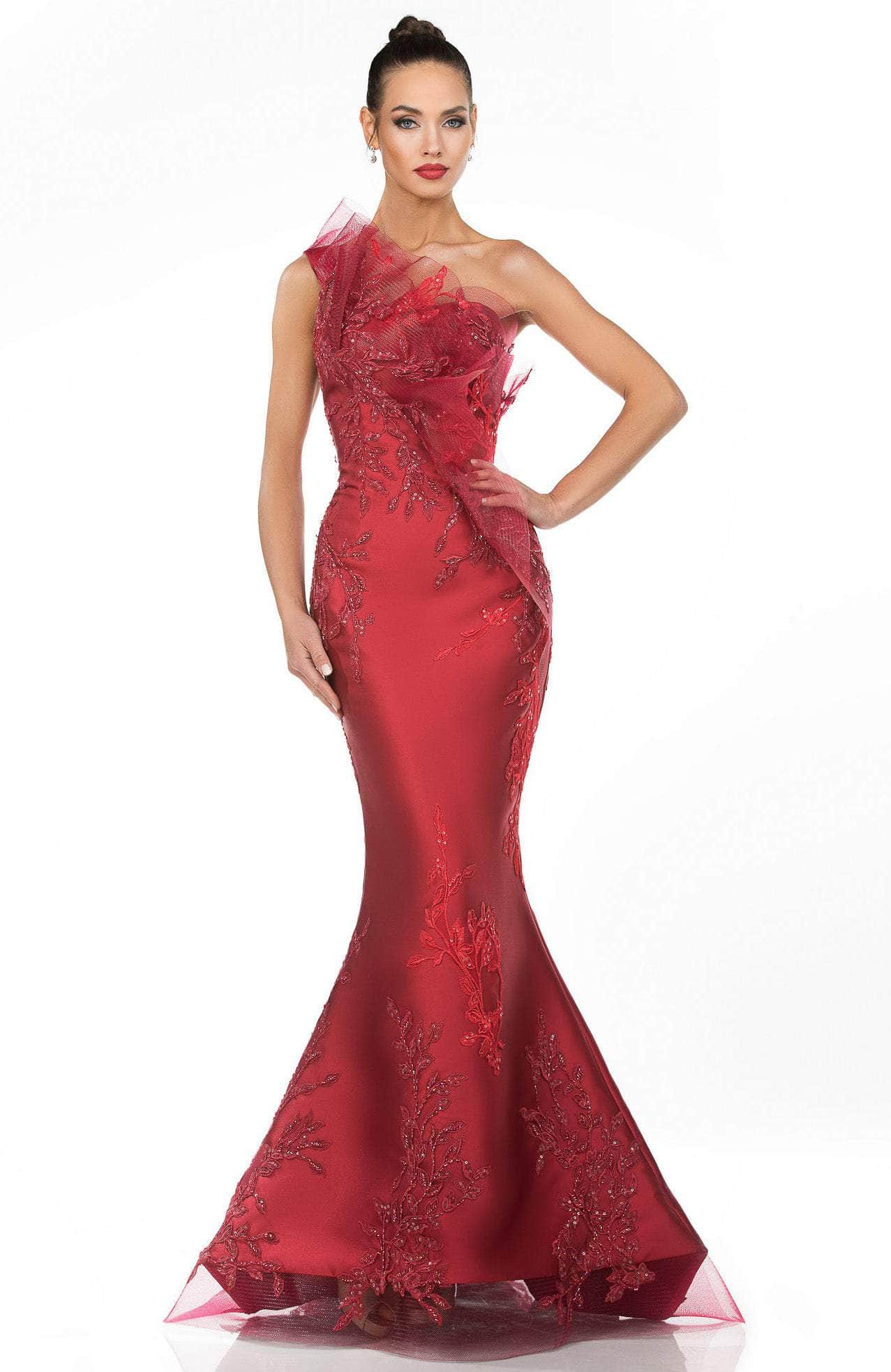 Terani Couture - 1911E9095 Embroidered Asymmetric Neck Mermaid Gown - detail view