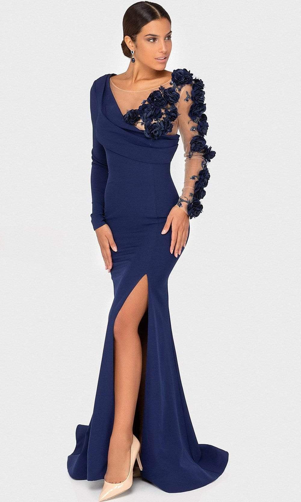 Terani Couture - 1911E9109 Floral Appliqued V-Neck Mermaid Gown