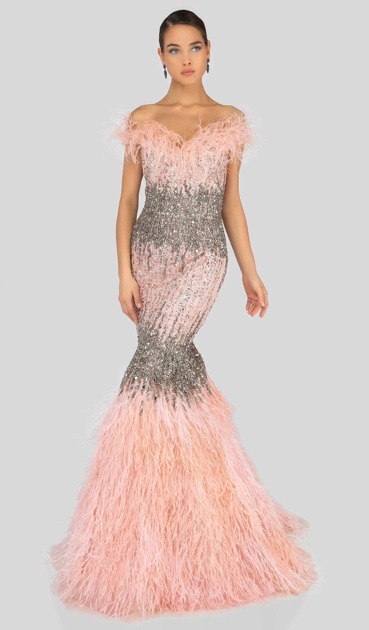 Terani Couture - 1911GL9512 Feather-Fringed Bejeweled Mermaid Gown - designer mother of the bride dress at Silhouette Dresses
