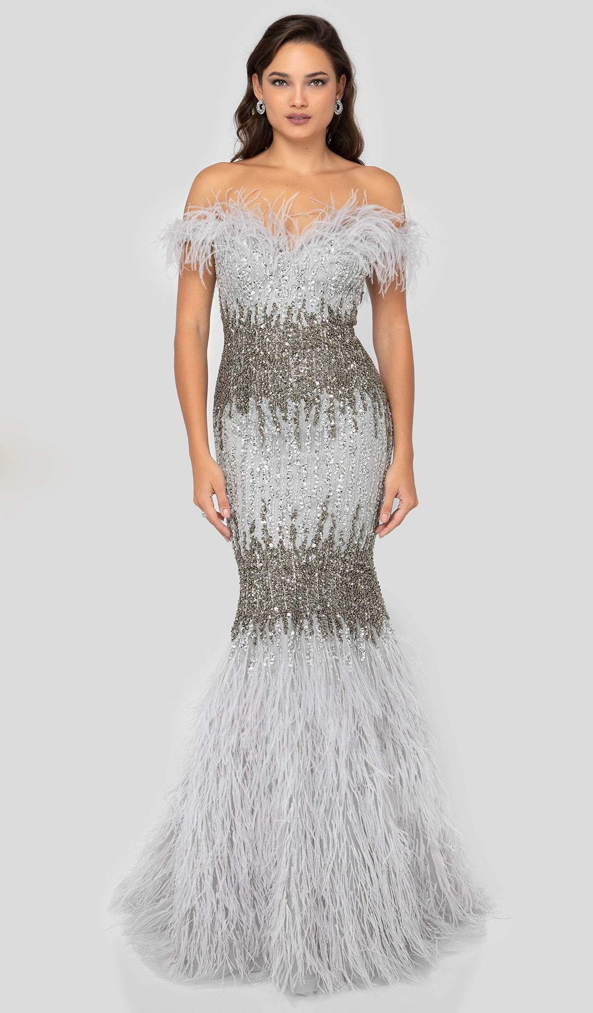 Terani Couture - 1911GL9512 Feather-Fringed Bejeweled Mermaid Gown - detail view