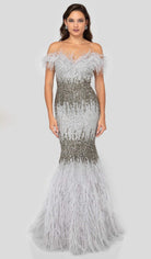 Terani Couture - 1911GL9512 Feather-Fringed Bejeweled Mermaid Gown - detail view