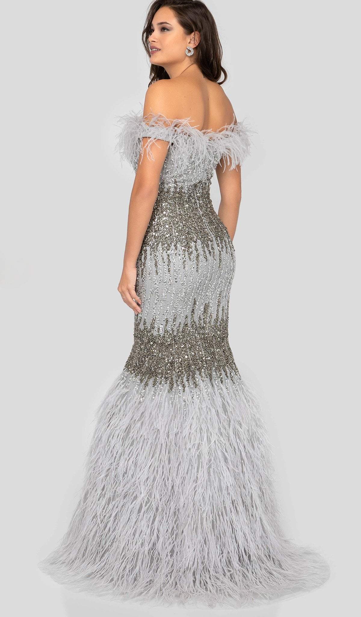 Terani Couture - 1911GL9512 Feather-Fringed Bejeweled Mermaid Gown - view 4