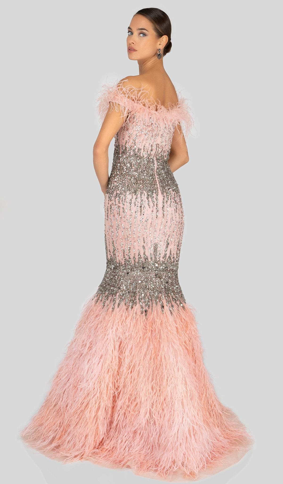 Terani Couture - 1911GL9512 Feather-Fringed Bejeweled Mermaid Gown - back view