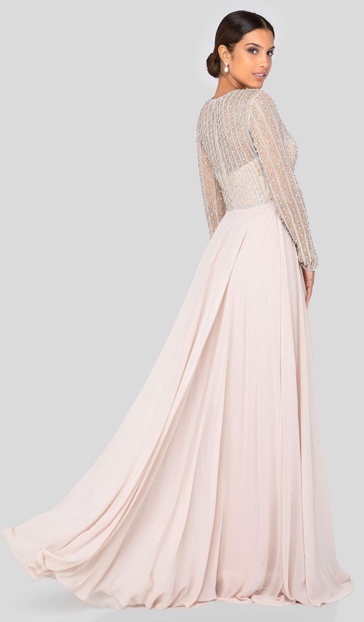 Terani Couture - 1911M9326 Bead-Striped Sheer Long Sleeve Chiffon Gown