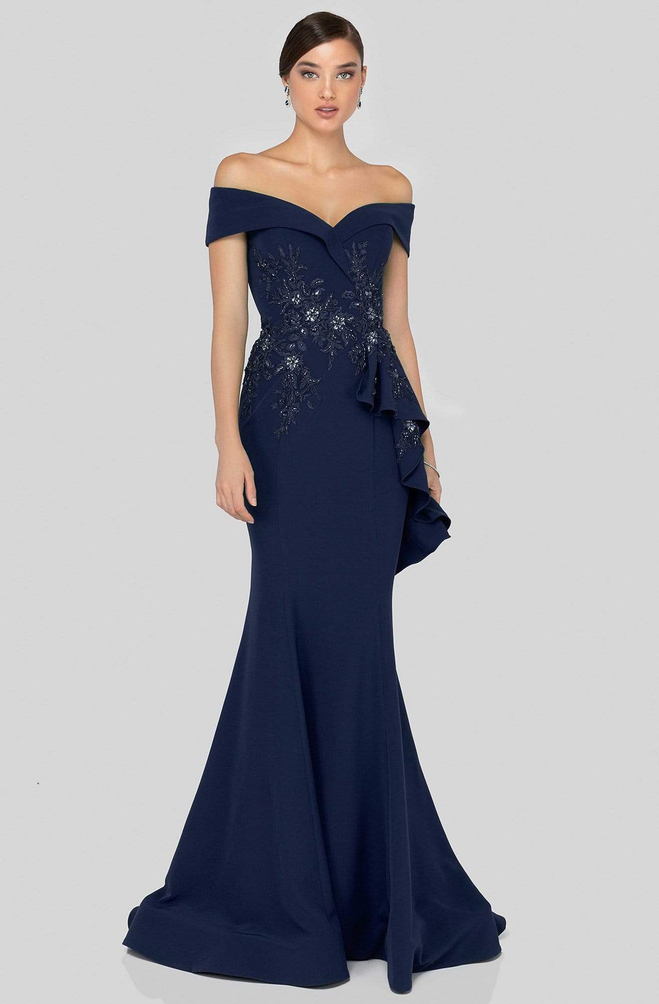 Terani Couture - 1911M9339 Off Shoulder Side Drape Peplum Mermaid Gown - detail view