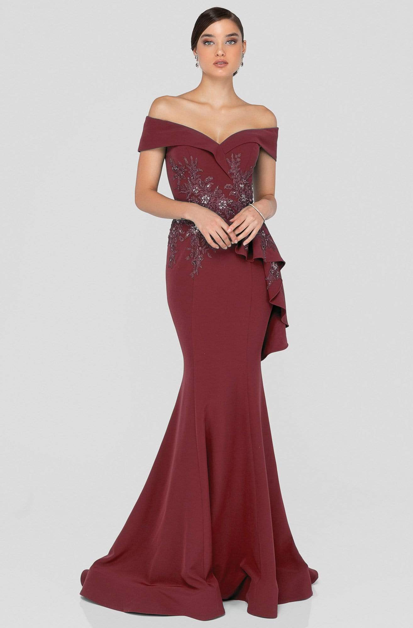 Terani Couture - 1911M9339 Off Shoulder Side Drape Peplum Mermaid Gown - view 4