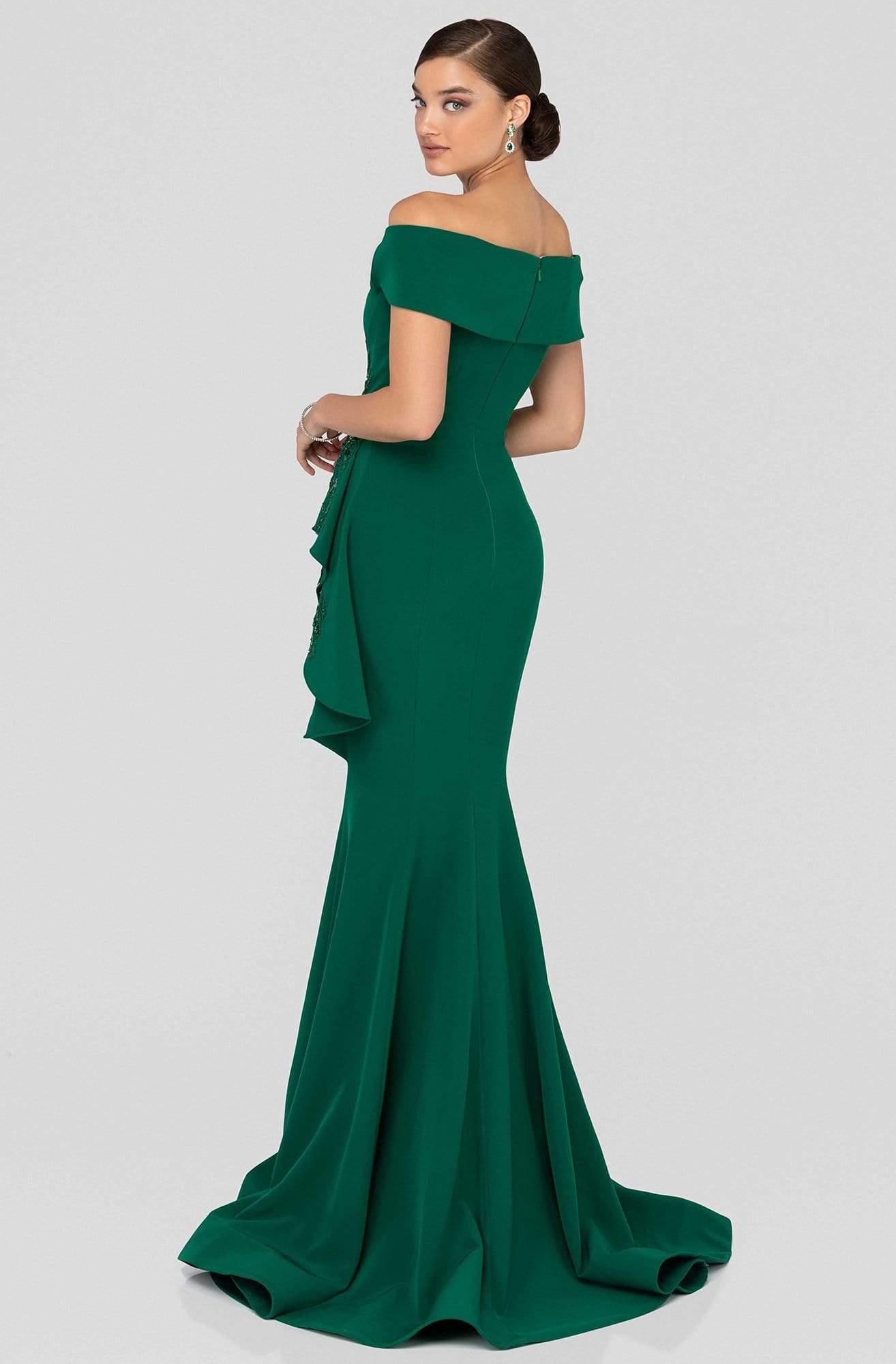 Terani Couture - 1911M9339 Off Shoulder Side Drape Peplum Mermaid Gown - back view