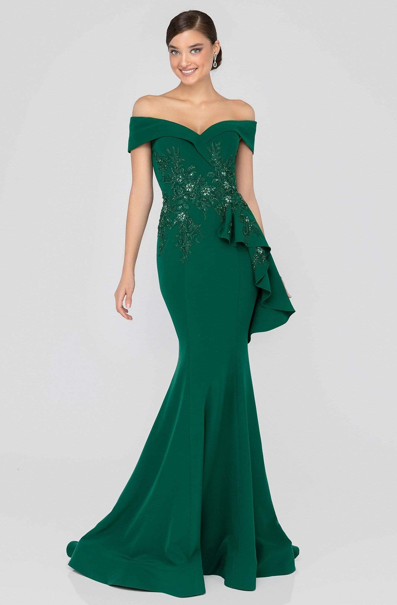 Terani Couture - 1911M9339 Off Shoulder Side Drape Peplum Mermaid Gown - designer evening gown at Silhouette Dresses
