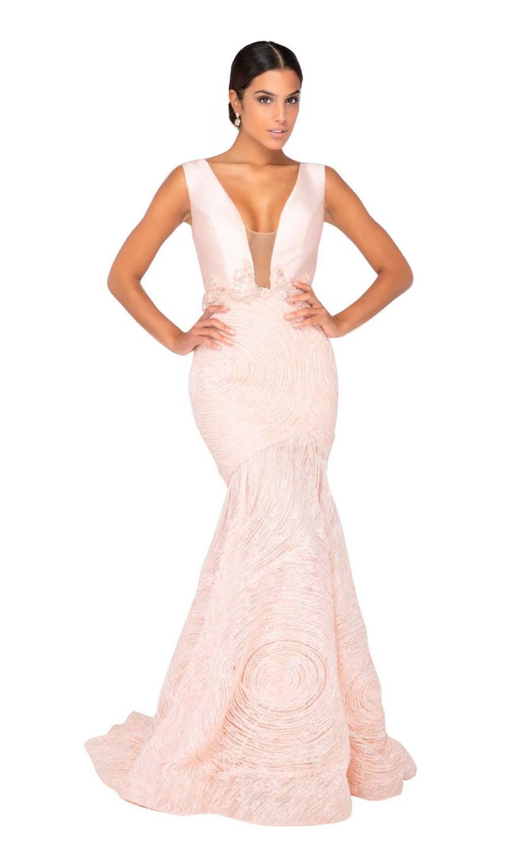 Terani Couture - 1911P8158 Plunging V-Neck Trumpet Gown - designer evening gown at Silhouette Dresses