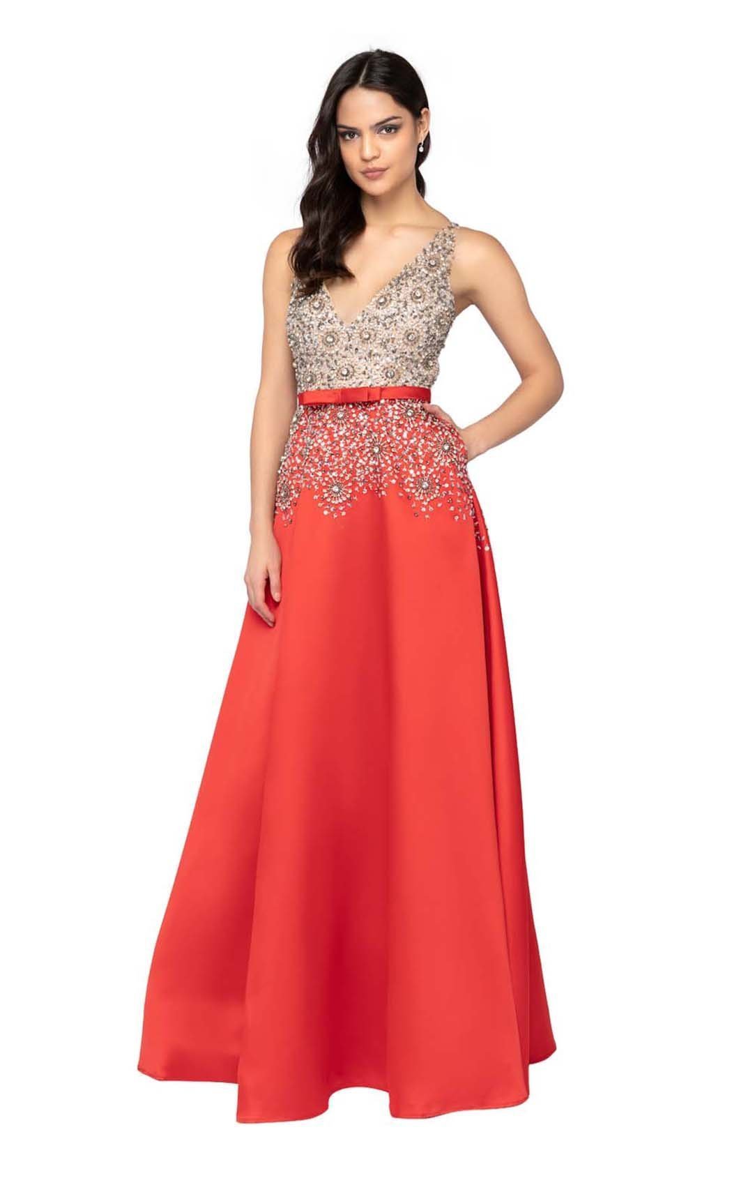 Terani Couture - 1911P8497 Beaded Plunging V-Neck A-Line Gown - back view